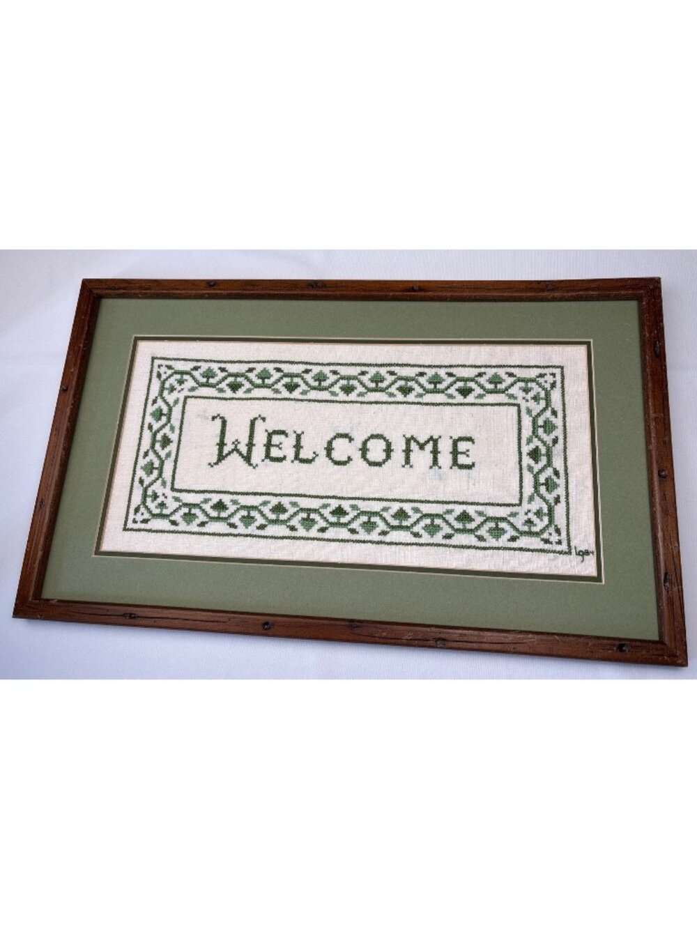 Handmade Framed Cross Stitch Welcome Sign Green Border 21x13 Wood Frame Decor